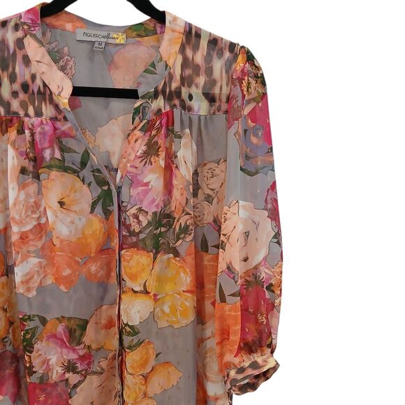 Figueroa & Flower Blouse Women’s Size Medium Floral Peasant Boho Sheer Button Up - Picture 3 of 13
